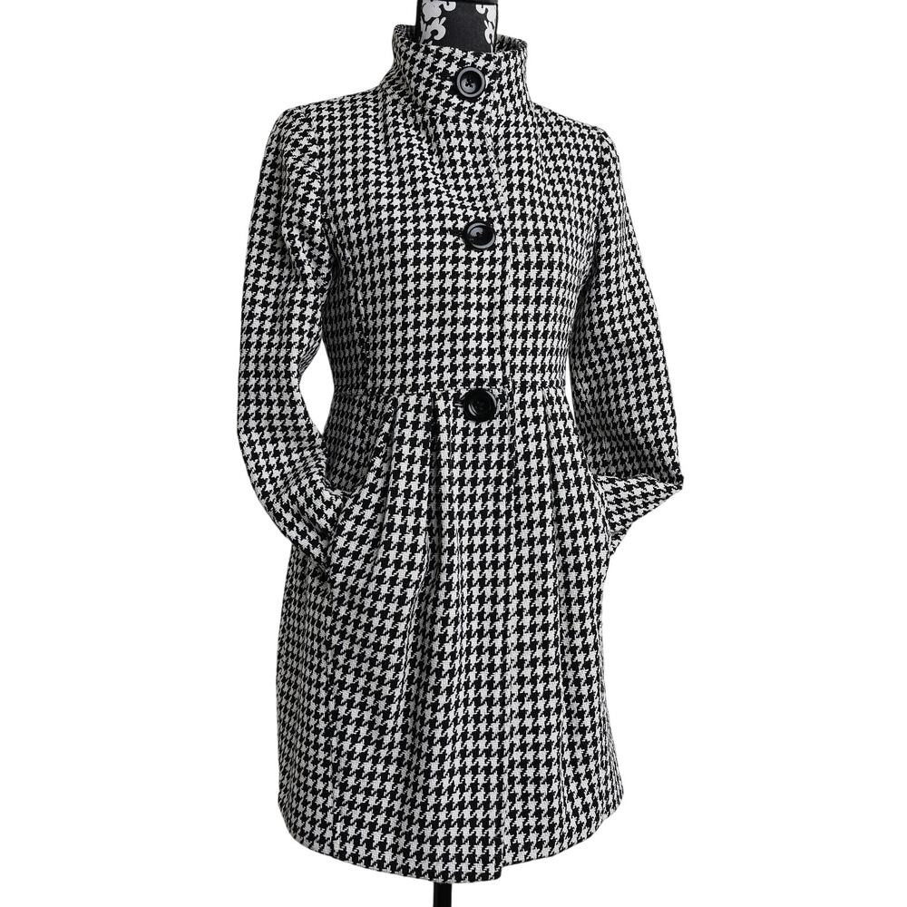 Classic Preppy Houndstooth Wool Blend Pleated Peplum Button Up Peacoat - M - Picture 7 of 13
